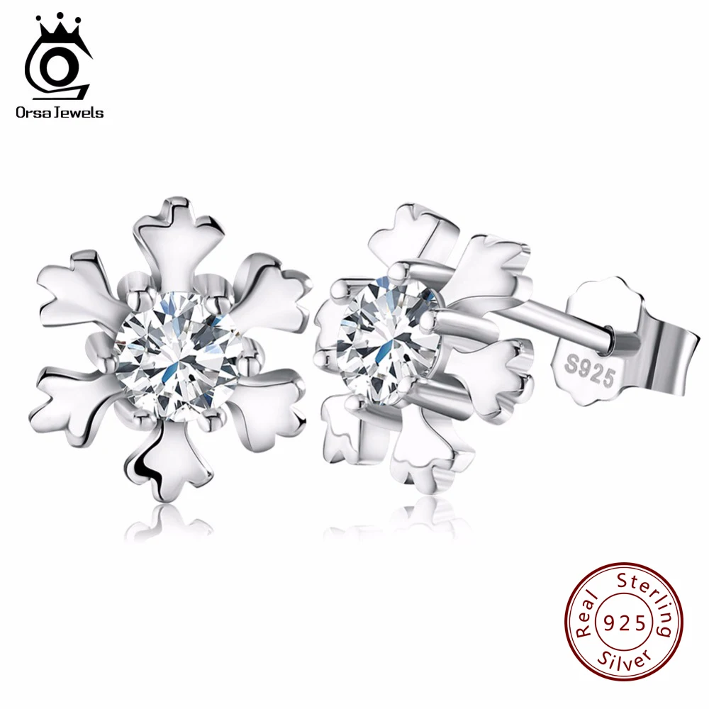 

ORSA JEWELS Genuine 925 Sterling Silver Snowflake Earring Studs with Shiny CZ Crystal Romantic Party Ear Jewelry for Women SE12