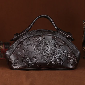 

Women Oil Wax Cowhide Shoulder Crossbody Messenger Bags High Quality Rose Pattern Genuine Embossed Leather Handbag Tote Bag