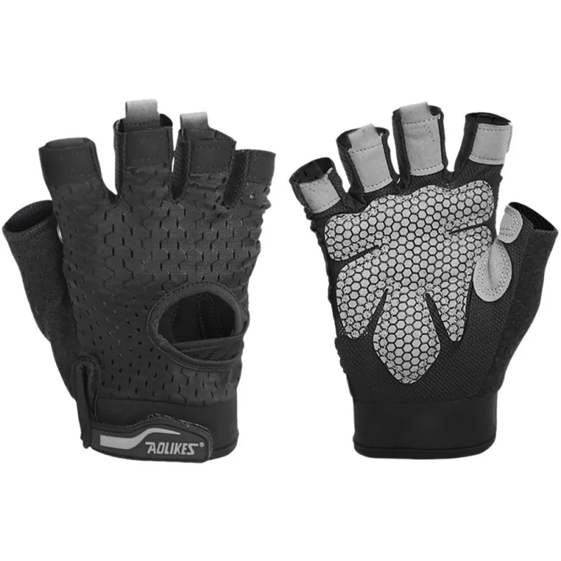 Мужские и женские перчатки для занятий спортом с половинными пальцами, Спортивные Перчатки для фитнеса, тяжелая атлетика, противоскользящая тренировка с сопротивлением, перчатки для запястья - Цвет: Черный