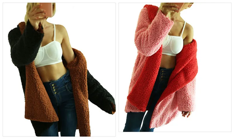 European and American plus-size high quality color matching coat with plush hooded overcoat on both sides (14)
