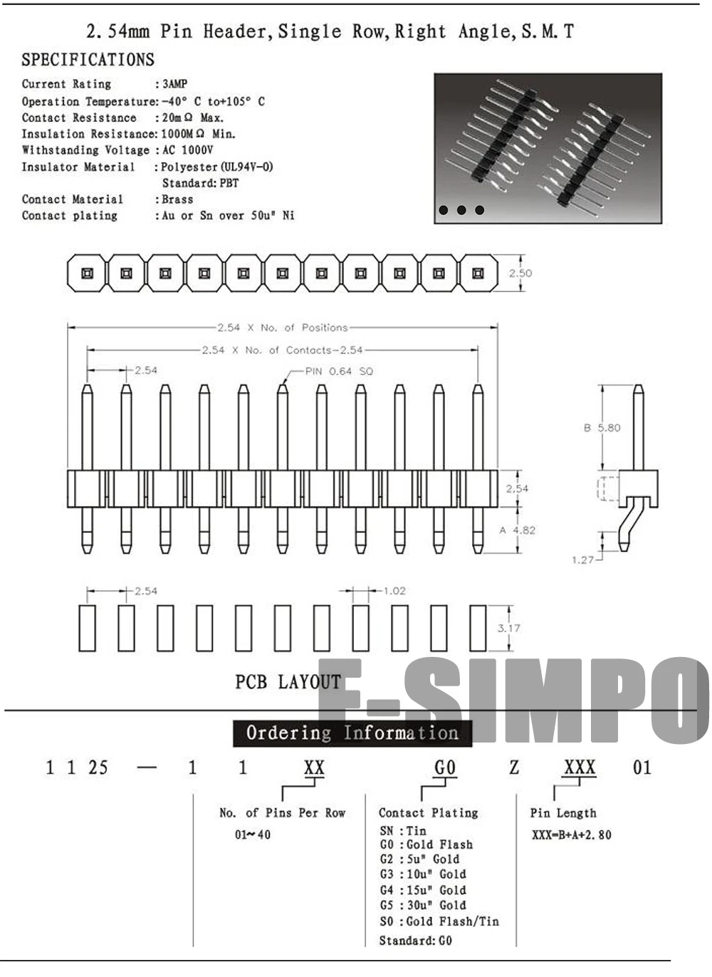 2.54mm Pin Header,Single Row,Right Angle,S.M