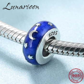 

Genuine 925 Sterling Silver Bright Star moon Blue Enamel Stopper Spacer beads Fit Original Charms europeu Bracelet Jewelry
