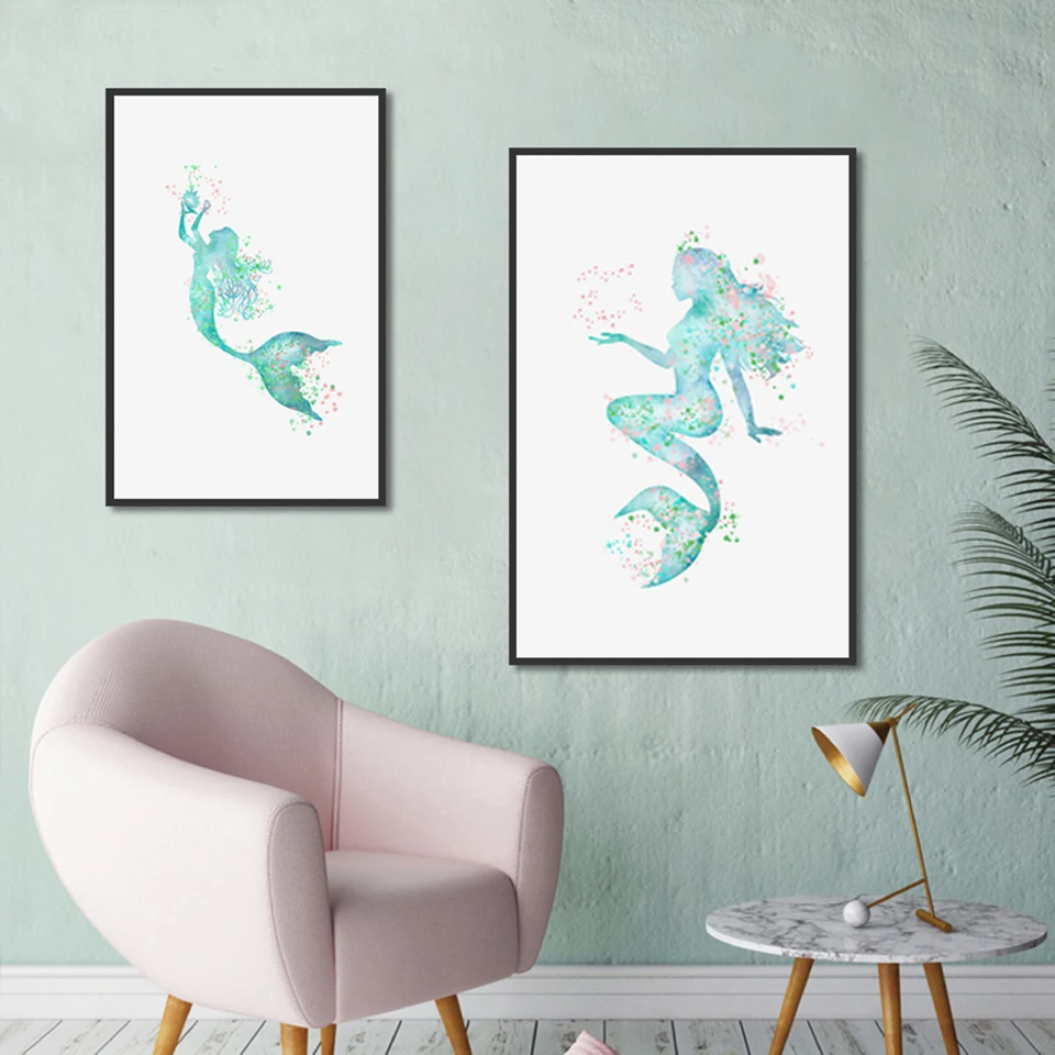 

Pictures Canvas Nordic Style Paintings Home Decor Mermaid Wall Art HD Prints Hotel Watercolor For Living Room Poster Modular