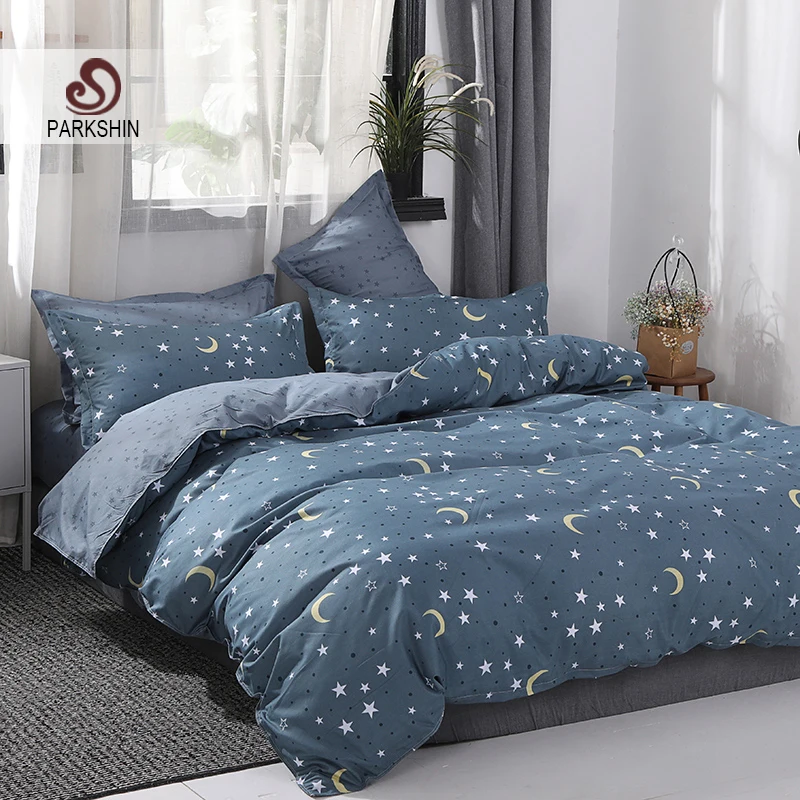 

ParkShin 2019 New Blue Star Moon Bedding Sets Bed Linen Duvet Cover Flat Sheet Bedding Set Single Double Full King Queen Bed Set