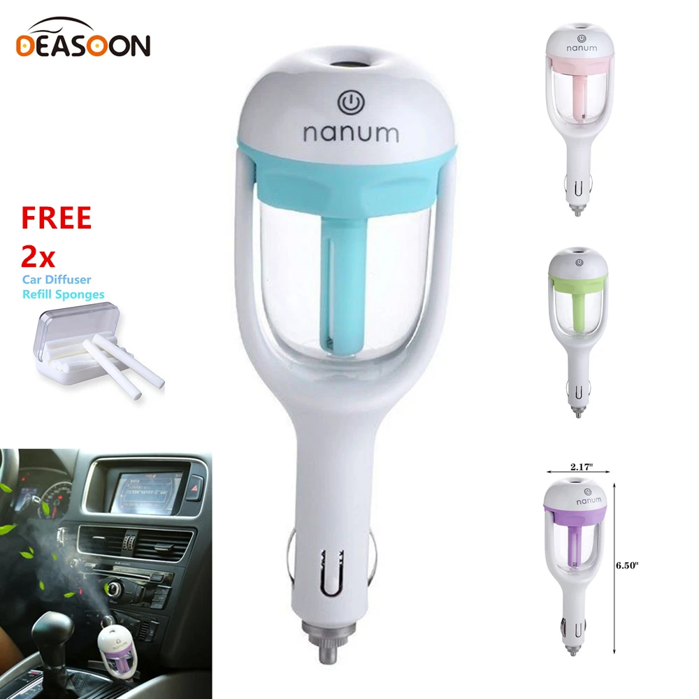 Car charger Freshener Mini Air Humidifier Diffuser Essential Oil Ultrasonic Aroma Mist Purifier 50ml with 2xSpare fiber cotton