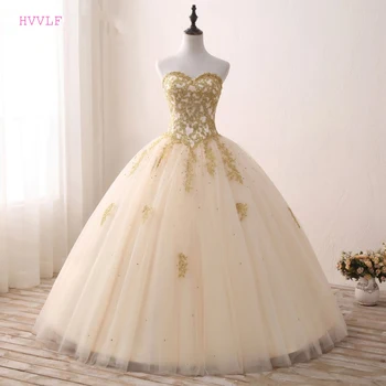 

Champagne Puffy Cheap Quinceanera Dresses Ball Gown Sweetheart Tulle Beaded Appliques Lace Sweet 16 Dresses