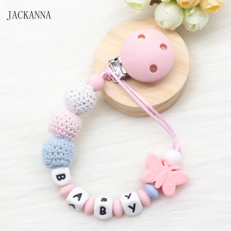 

Personalized Name Baby Pacifier Clips DIY Crochet Bead Soother Clip BPA Free Attache Sucette Silicone Baby Pacifier Holder Chain