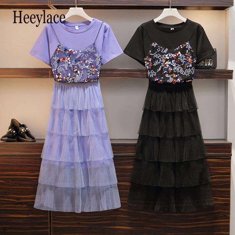 

2019 Women Set Sweet Cake Long Mesh Skirts+Fashion Sequins T-Shirt Princess High Waist Ruffled Vintage 2 Piece Set Plus Size 5XL