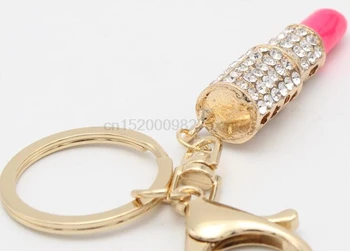 

100PCS Lipstick Rhinestone Crystal Keyring Charm Pink Pendant Car Gold KeyChain For Woman Gift