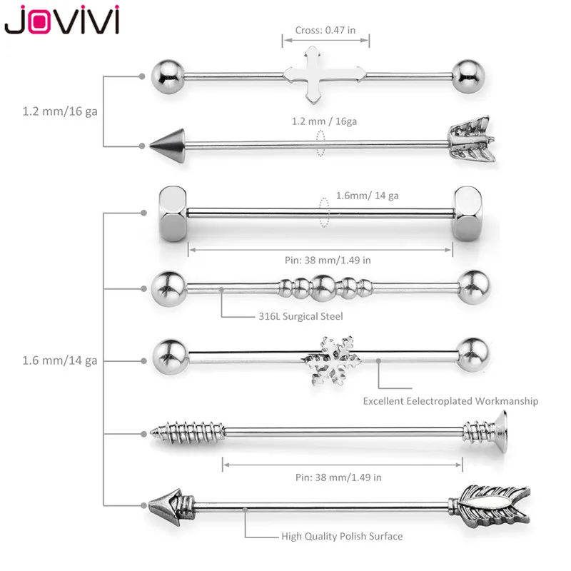 Jovivi 7/10 шт. 14G+ 16G Нержавеющая сталь Длинные Промышленные Штанги ушной хрящ Хеликс-раковины пирсинг Бар серьги-гвоздики 38/48/59 мм