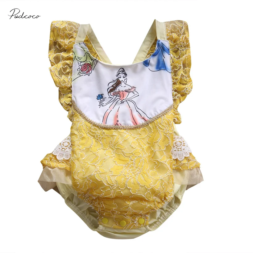 Infant Baby Girls Yellow Lace Printed Newborn Jumpsuit Outfits Bodysuit