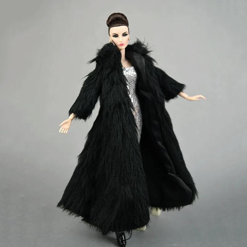 Набор аксессуаров для куклы, зимнее супер длинное меховое черное пальто и Серебряное платье, модная одежда для куклы Барби, парка, платье для кукол 1/6