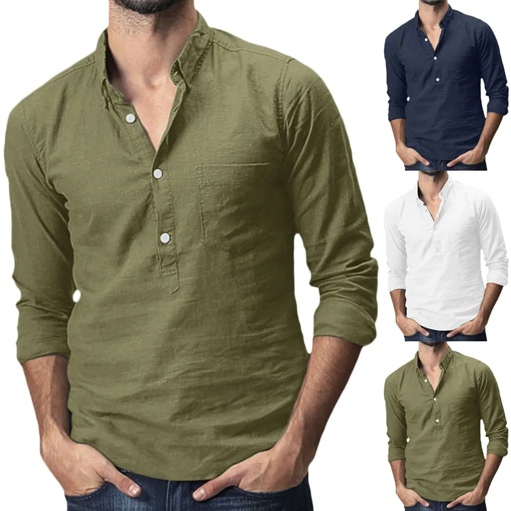 

Men's Baggy Cotton Linen Solid Pocket Long Sleeve Turn-down Collar Shirts Tops M-3XL