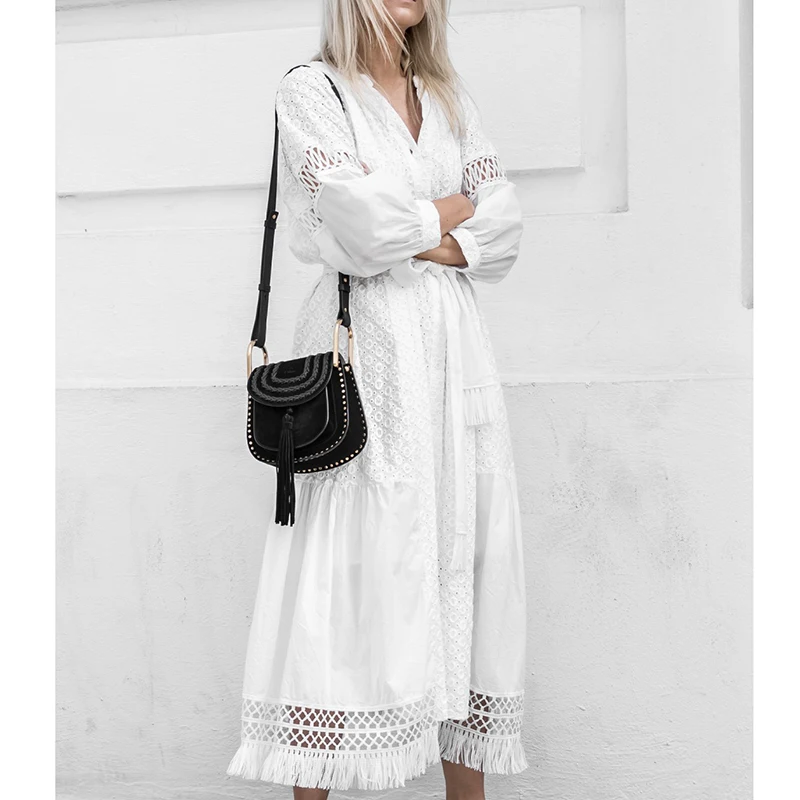 

2019 Spring and Summer Lace Holidaly Beach Dress Bohemian Seaside Beach Style Solid Hollow Out Dress Lantern Sleeve