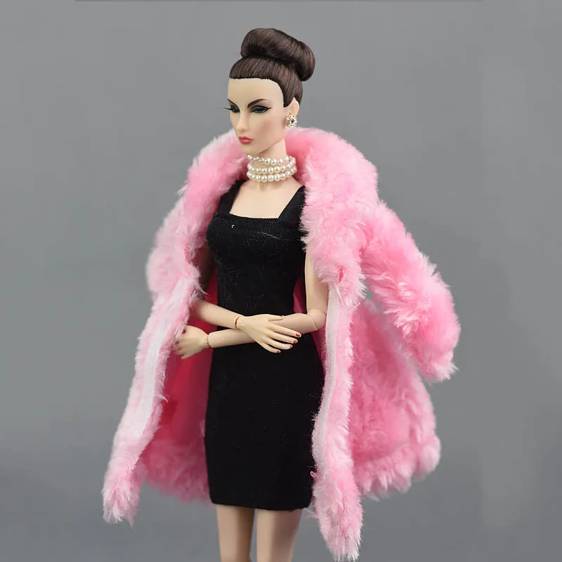 Pink Winter Wear Warm Fur Coat For Barbie Dolls Fur Doll Clothing Dress Clothes 