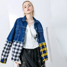 Клетчатая джинсовая куртка для женщин лоскутное воротник с лацканами пальто длинными рукавами Женский Весенняя модная