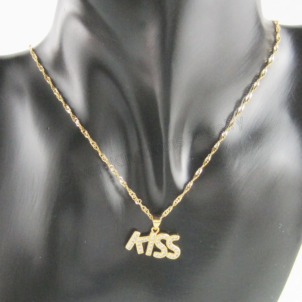 

Min order 10$/ Can mix /- YELLOW GOLD GP 18" LINK NECKLACE &MICRO INLAY STONE VIVID KISS WORD CUTE PENDAN