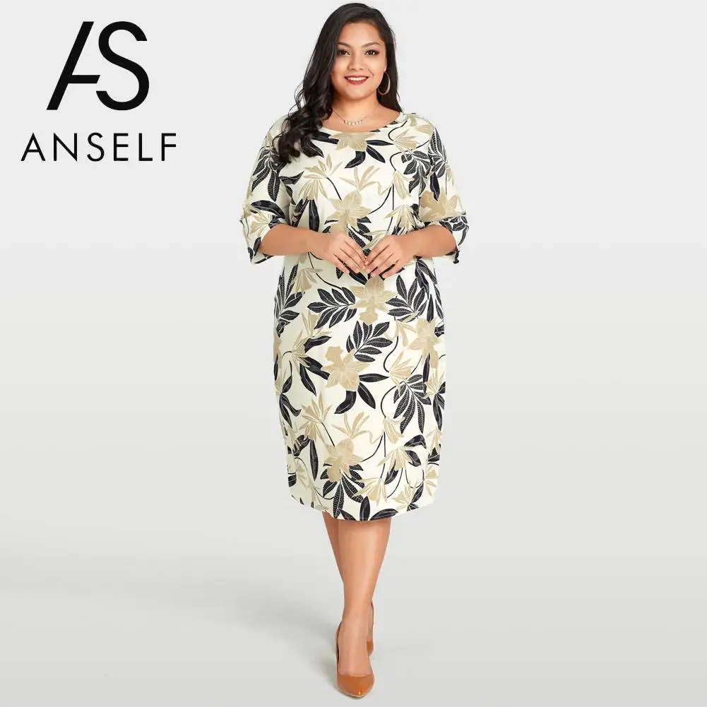 

Women Large Sizes Summer Beach Bohemian Dresses 3XL Plus Size Dress Leaves Floral Print Casual Loose Midi Dress Oversized Beige