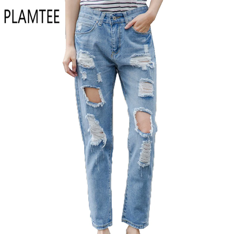 

BF Wind Bleached Hole Women's Jeans Pure Color Slim Straight Jeans Feminina Spring Summer Fashion Wild Ankle Length Denims Pants