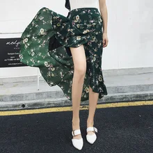 Модные асимметричные юбки с оборками и бантом, женская летняя Высокая талия шифон, длинная повседневная юбка для вечеринок