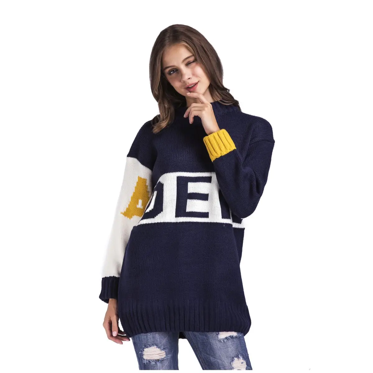 Women's New Spring Autumn Casual Sweater Fashion Round Neck Color Block