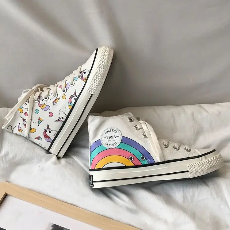 

Rainbow unicorn canvas shoes for ladies Canvas shoes with high tops Canvas shoes with low tops Skate shoes female 35-44