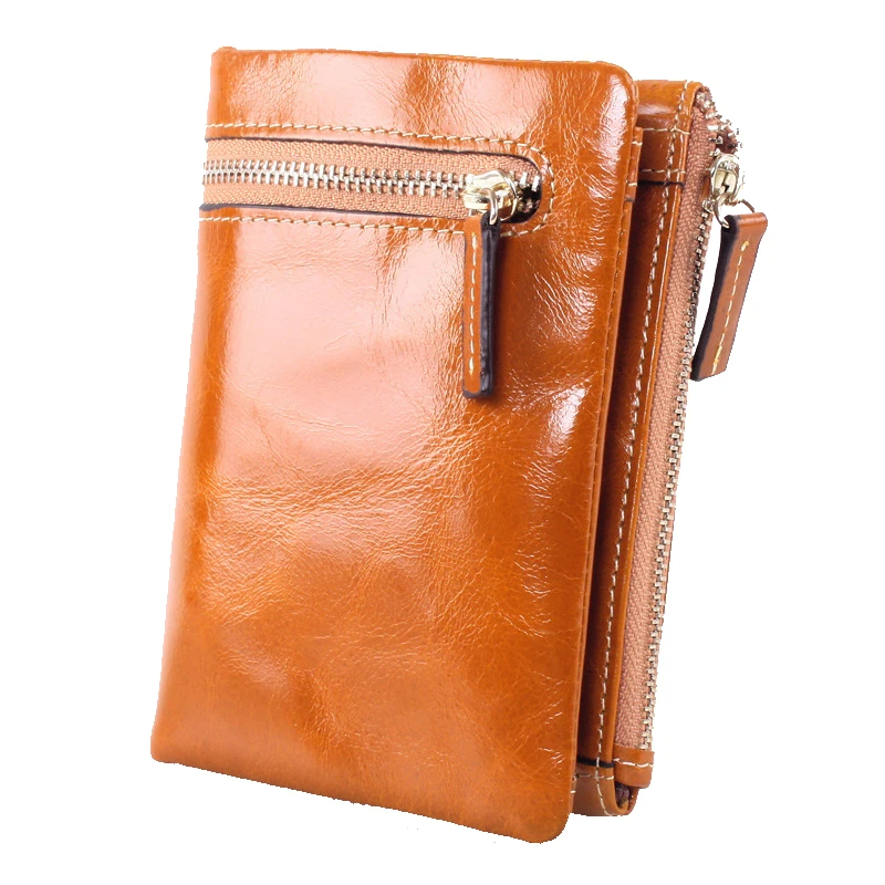 

New! Oil Wax Genuine Leather Wallets Women Men Short Slim 2 folded Zipper Wallet Bag