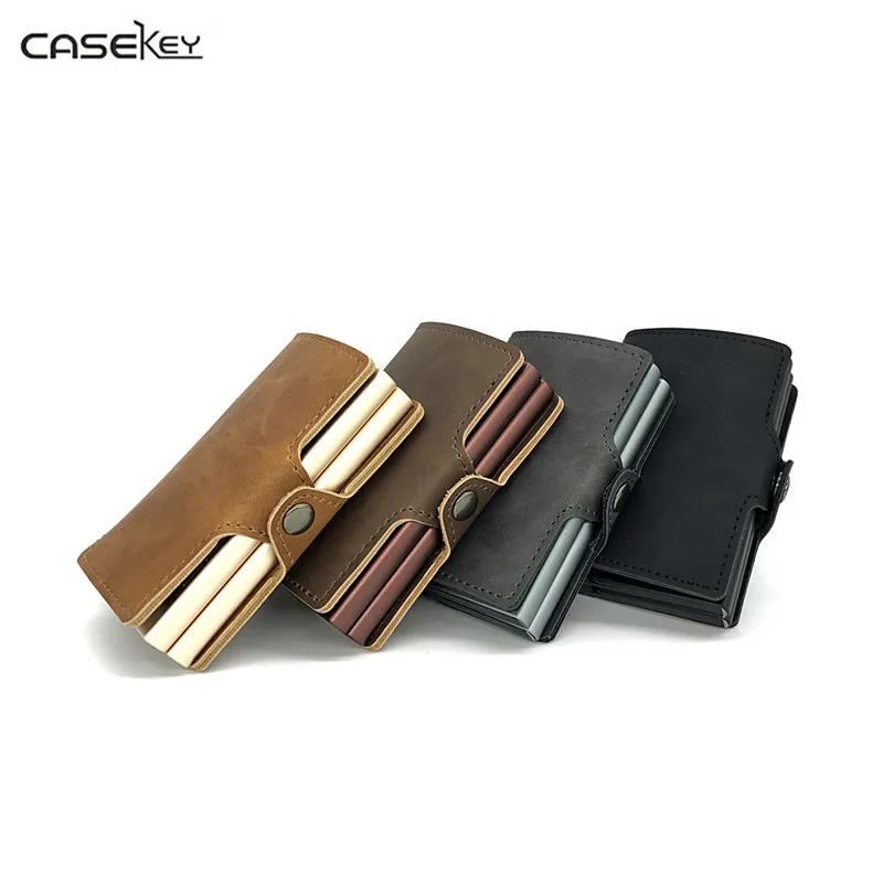 

CaseKey 2017 Brand Metal Men Credit Card With RFID Double Card Holder Fashion PU Leather Card Cases Pop Up Automatic Mini Wallet