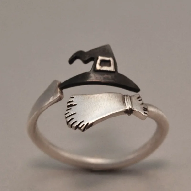 OMHXZJ,, Европейская мода, женские, мужские, вечерние, свадебный подарок, серебряная шляпа ведьмы, метла, открытая 925 пробы, серебряное кольцо, RR270 - Цвет камня: silver black
