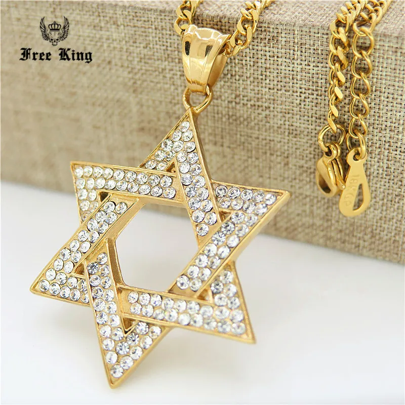 Mens Gold Full Iced Out Star of David Jewish Pendant 24" Cuban Necklace