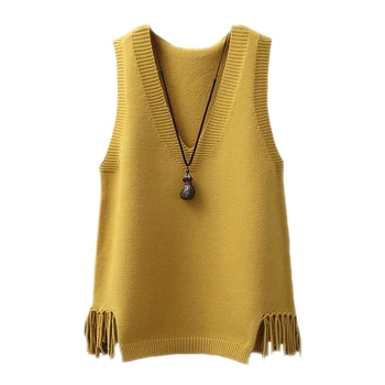 

2019 Spring Autumn New Women Solid Color Knitwear Sweaters Vest Female V-Neck Tassel Loose Knit Sleeveless Sweaters Vest Tops Q6