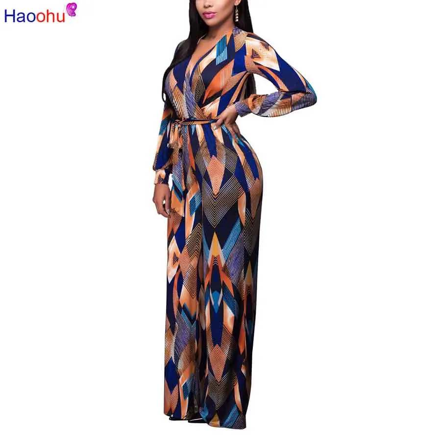 

HAOOHU Autumn Women Gird Print Maxi V Neck Slim jumpsuit Long Sleeve Vintage Plaid Pattern Long Loose jumpsuit Vestidos
