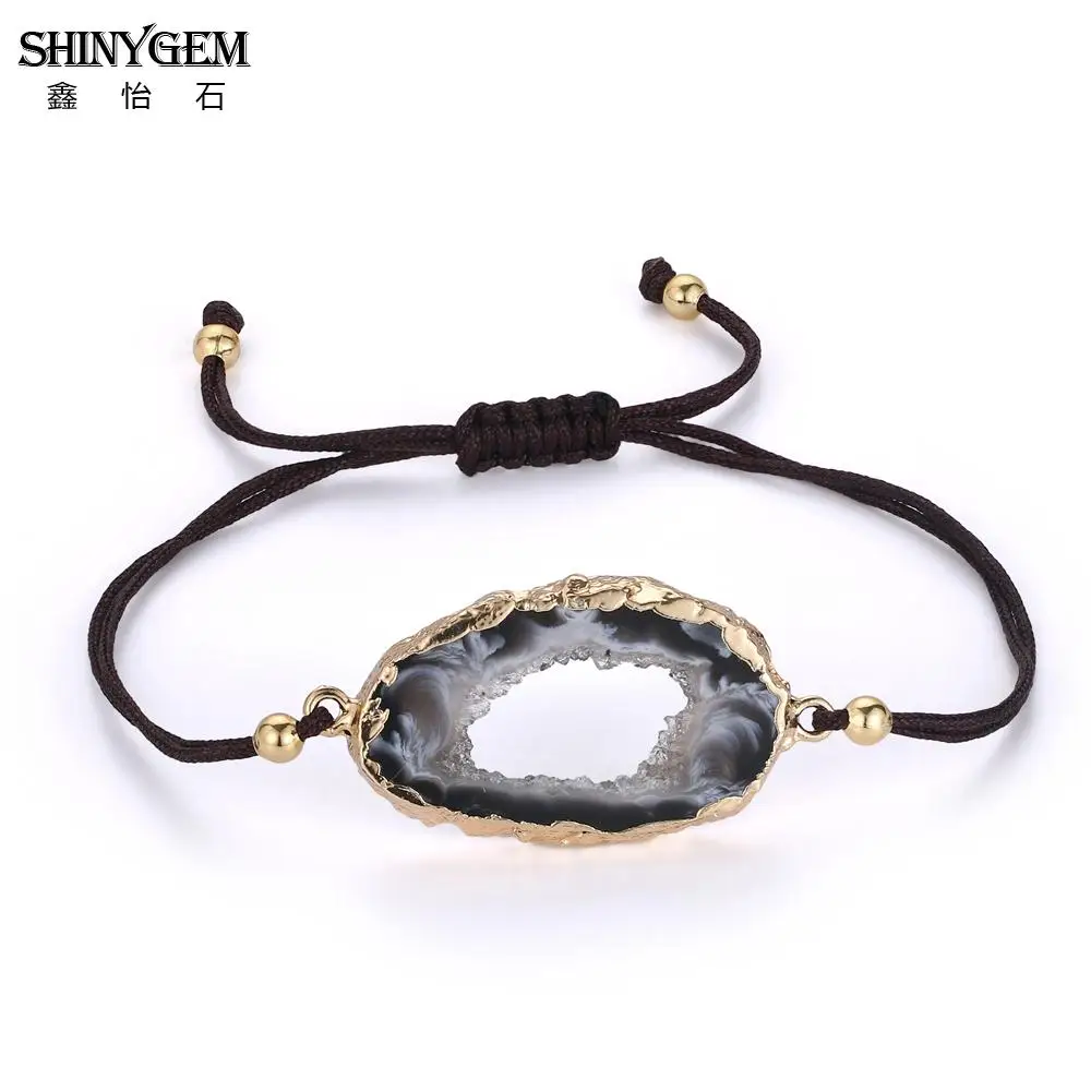 

ShinyGem Handmade Adjustable Black Brown Natural Agates Bracelet Gold/Silver Plating Big Brazil Agates Charm Bracelets For Women