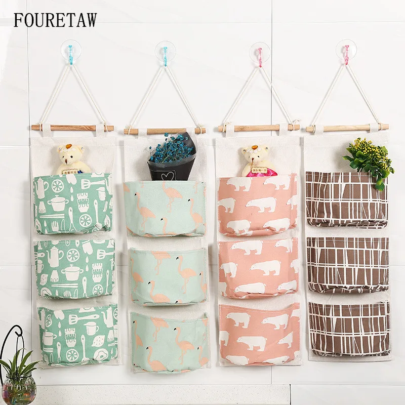 

FOURETAW Creative Canvas Flower Polar Bear Flamingo Pen Glasses Wallet Scissors Letter Wall Hanging Home Office Storage Bag