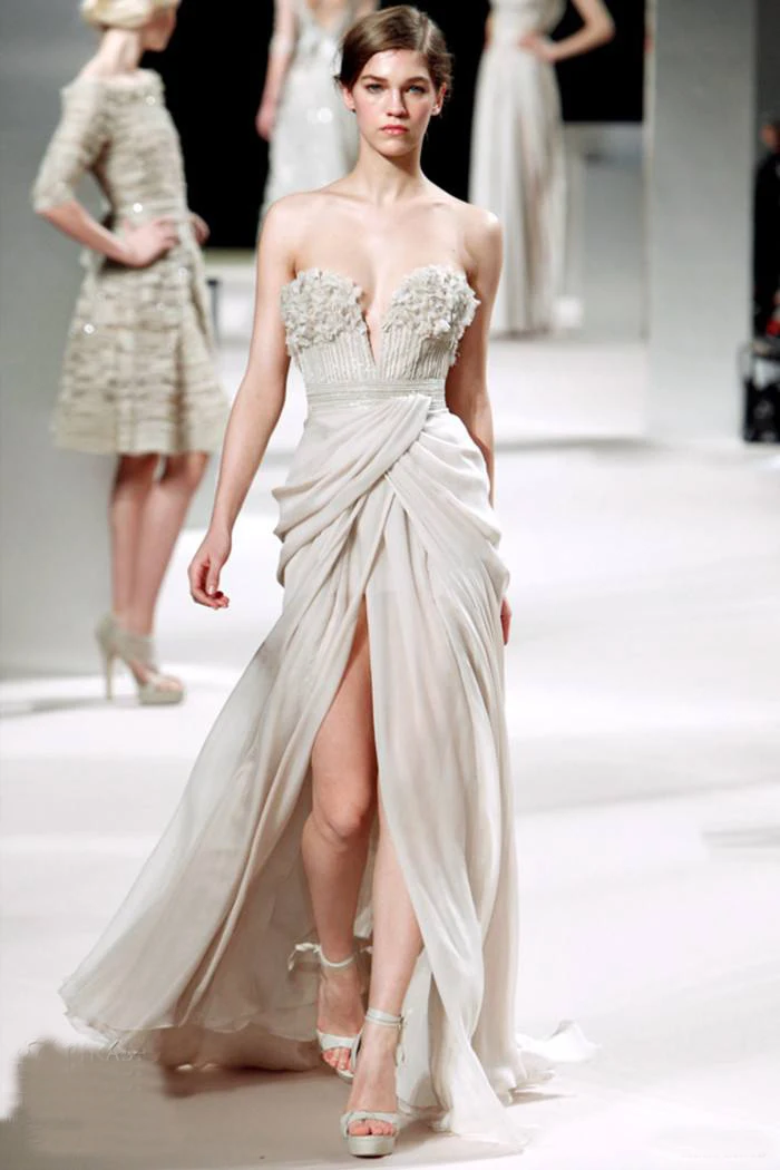 

Elie_Saab silver silver evening dresses Sweetheart Floor length Court train Hand Made Flower Chiffon Celebrity Dresses