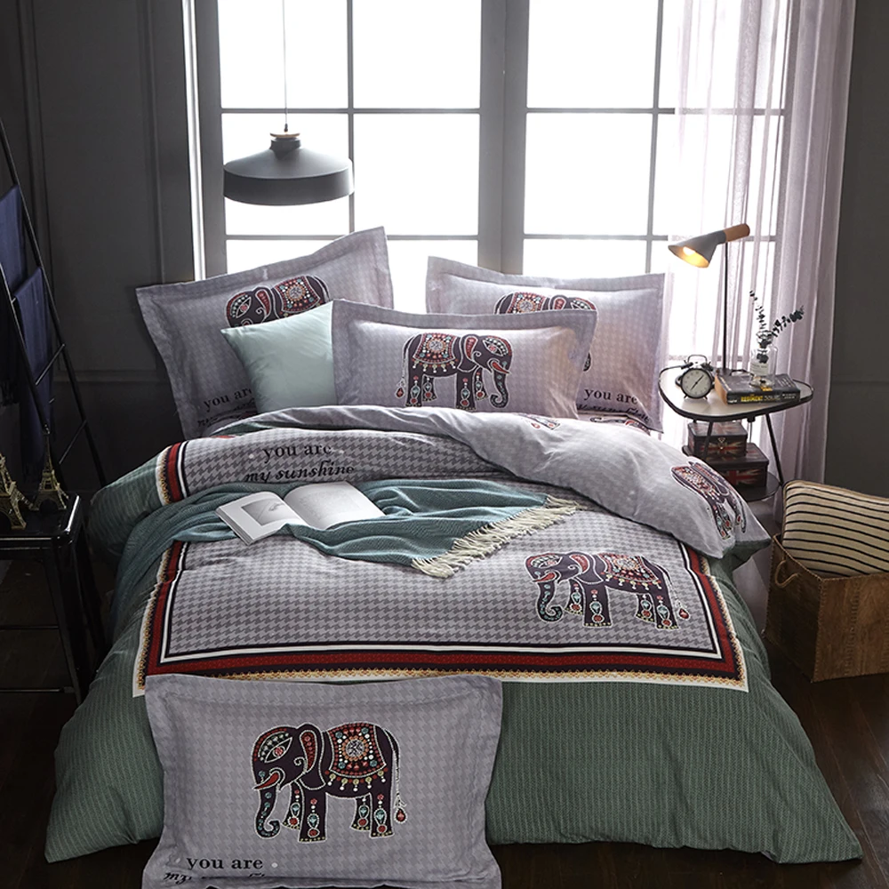 

Papa&Mima Bohemian elephant print sanding cotton bedding set Queen King size flat sheet pillowcases duvet cover sets bedlinens