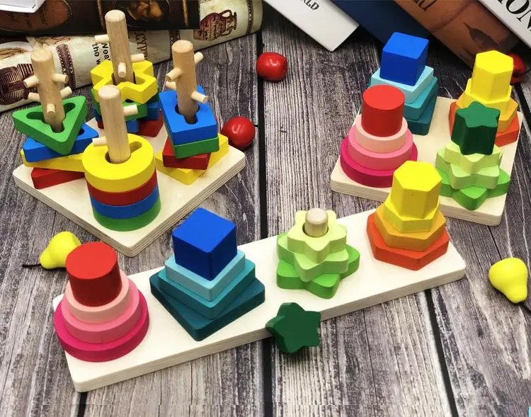 2019 new Montessori Educational Toys Tower Game Building Blocks 4 Pillar Match Color Shape Wooden toys Kids Toy | Игрушки и хобби