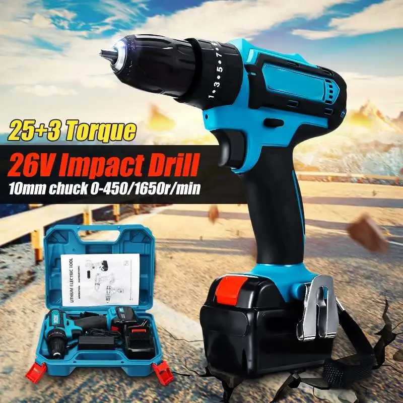 

26V Max Electric Screwdriver Cordless Drill Impact Drill Household Power Driver DC Lithium-Ion Battery 35N.m 2-Speed Power Tools