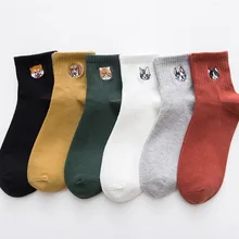 Женские хлопковые носки на весну и осень, модные короткие носки с вышивкой и милым мультяшным котом, повседневные студенческие носки в японском стиле