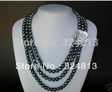 

Free shipping@@@@@ Noble 3row 6-7mm Black Pearl Necklace #1067 a