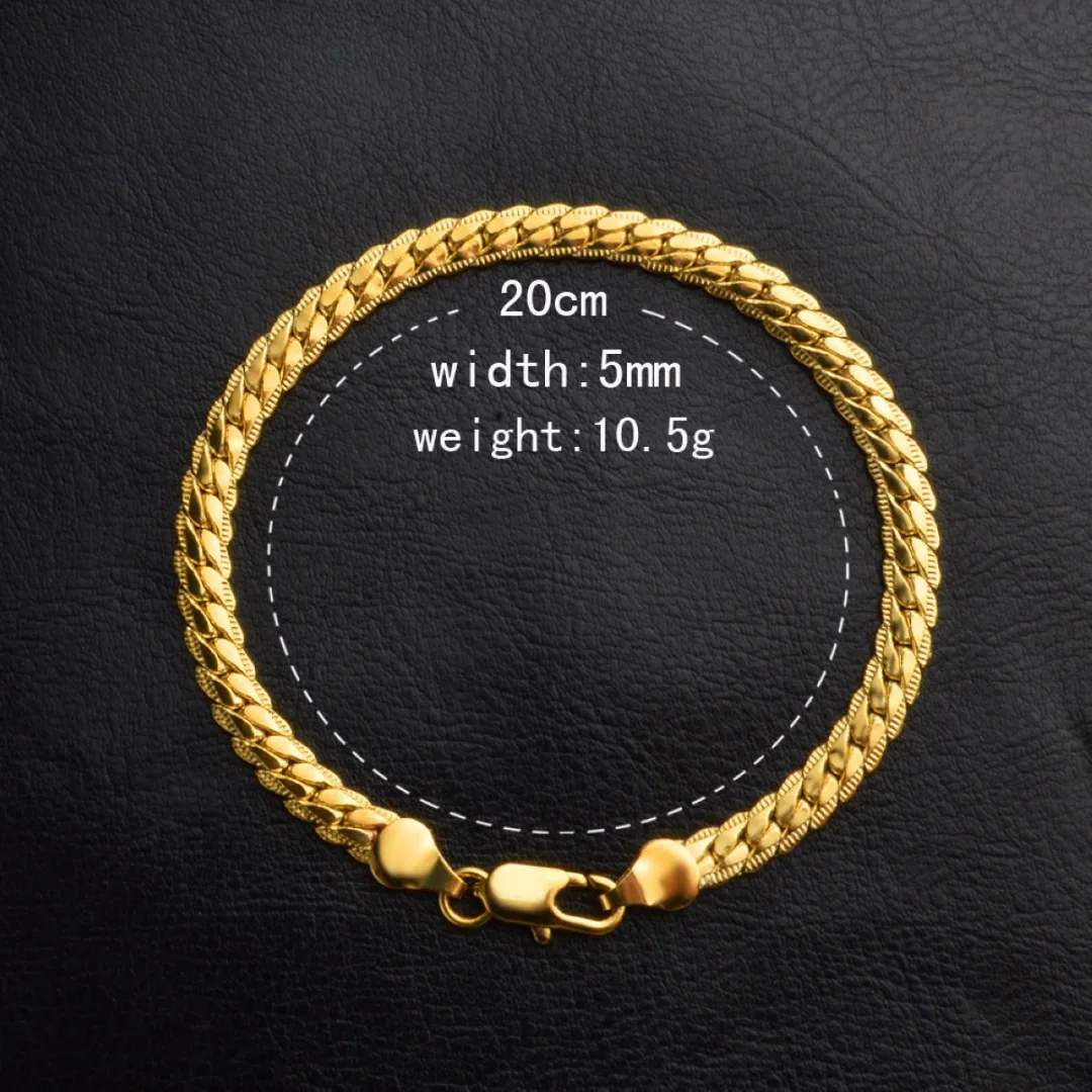 Men Flat Snake Bone 18K Gold Plated Curb Chain Fashion Bangle Bracelet