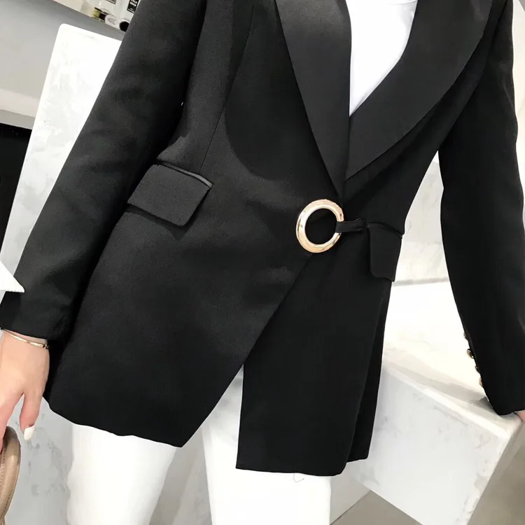 Spring 2019 The New European and American Style Ring Buckle Black Suit OL Commuter Style Professional Black Jacket Suit Women