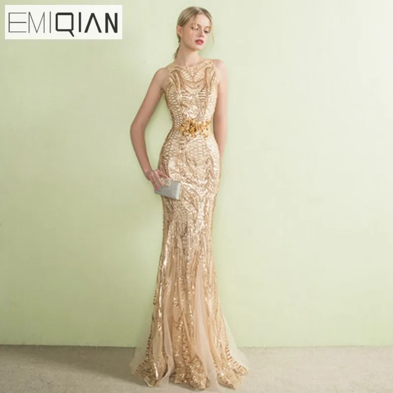 

NEW Designer Gold Sequined Lace Mermaid Long Evening Dresses See Though Back Formal Prom Party Dress robe de soiree