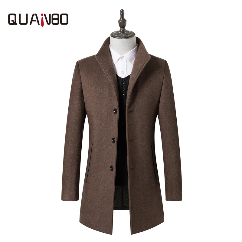 

QUANBO Brand Clothing 2018 New Autumn Winter Youth Fashion Casual Wool & Blend jacket Thick Warm Male Slim Long Woolen Coats