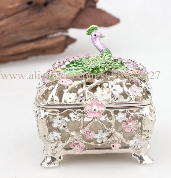 Pretty Peacock Hinged Pewter Trinket Box Hand Paitned Crystal Metal Peacock Style Trinket Boxes Jewelry Collectibles Gift