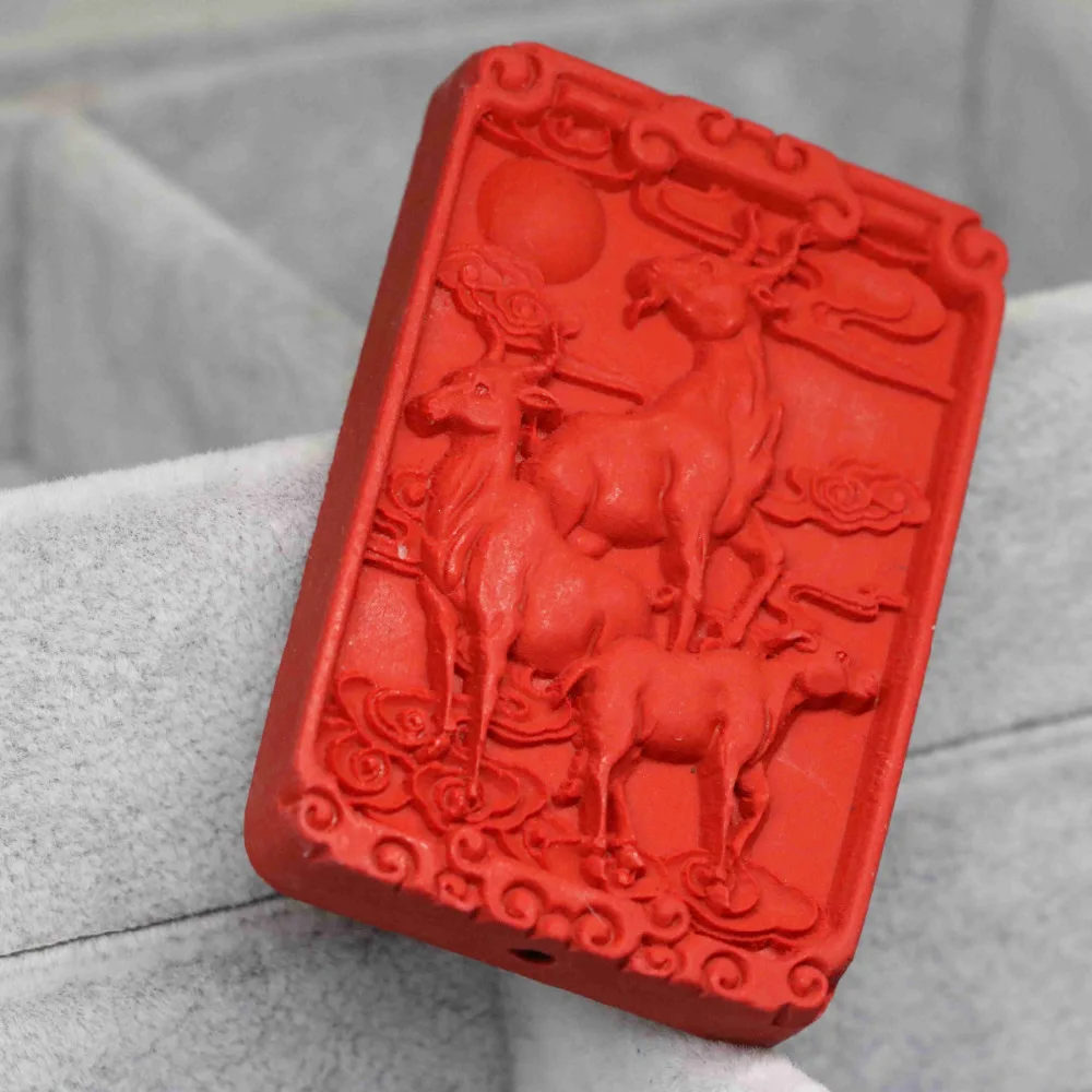 High quality rectangle synthetic red cinnabar lucky pendant carved eudemon pray deers fashion accessory jewelry 40*60mm B1539