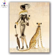Desen animat элегантные женские и леопардовые люди и животные картины краски цвета по номерам в цветах с