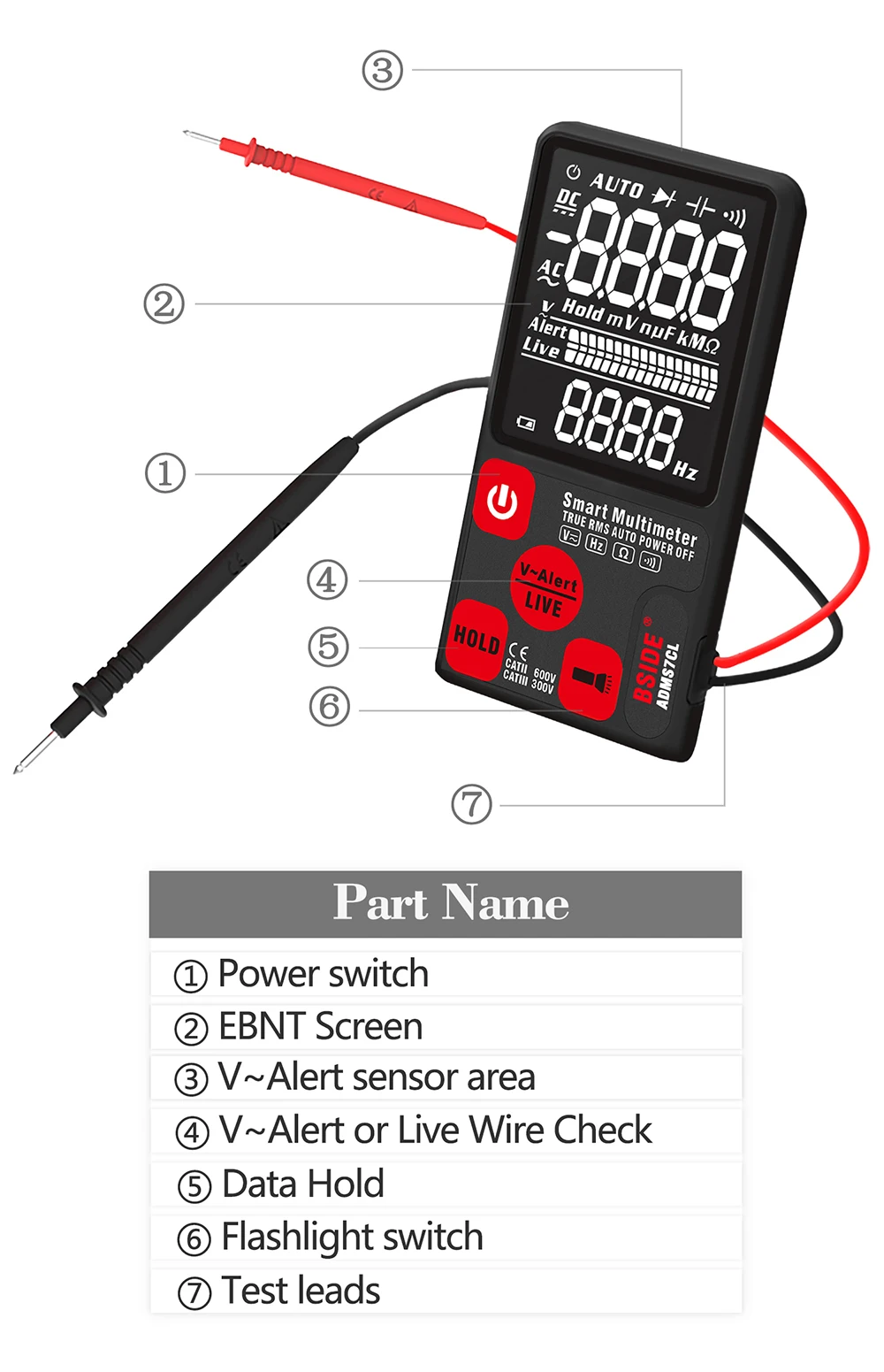 BSIDE ADMS7CL EBTN lcd 3," экран мультиметр True RMS Автоматический диапазон 6000 отсчетов Цифровой вольтметр с Ом Вольт Тест непрерывности