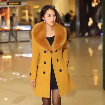

2015 spring autumn fashion Slim large fur collar wool coat woolen outerwear cashmere overcoat Free shipping