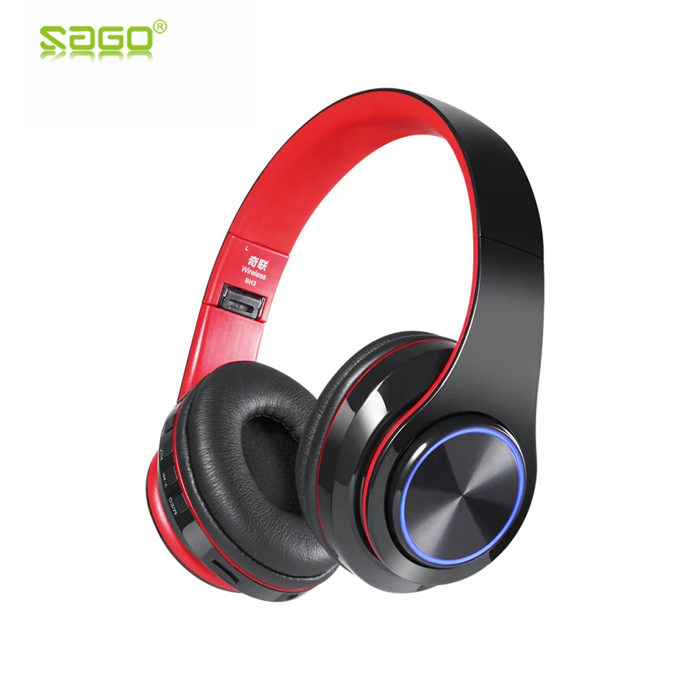Sago Bluetooth 4.2 Headphone HI-FI Stereo Wireless Headset Support TF Card 3.5mm Wired with 7 Colors LED Light For Phone Android |